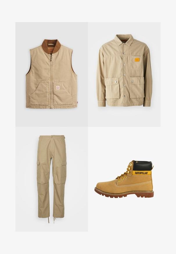 Beige mouwloze zip-up vest met een bruin geribbeld kraag en twee voorzakken, voorzien van een klein label op de rechterzak.; Replay Inc. SHIRT - Overhemd - khaki; Khaki cargobroeken van lichtgewicht stof, met meerdere zijzakken, een ontspannen pasvorm en verstelbare trekkoorden bij de zoom.; Bruine leren laars met een zwarte kraag, gele accenten, gouden veterogen en een robuuste zool. Heeft een zijnaad en contrasterende stikseldetails.