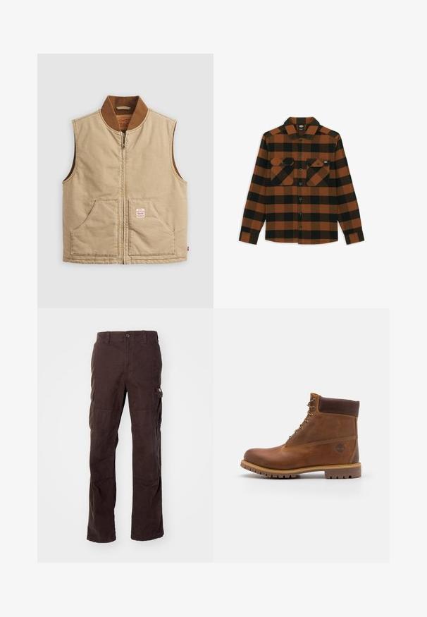Beige ärmellose Zip-Weste mit braunem Rippkragen und zwei Fronttaschen, mit einem kleinen Patch-Label auf der rechten Tasche.; Langärmliges Hemd im orange-schwarz karierten Muster, aus einem strukturierten Stoff gefertigt. Verfügt über zwei Brusttaschen und eine geknöpfte Vorderseite.; Braune Cargo-Hose aus robustem Baumwollstoff, mit seitlichen Taschen, einer lässigen Passform und geraden Beinen mit sichtbaren Nähten.; Braune Lederwanderschuhe mit glatter Oberfläche, gepolstertem Knöchel, Metallösen und einer Gummisohle mit robustem Profil.