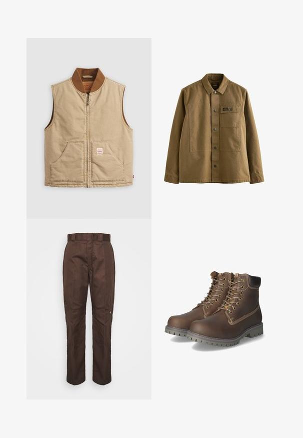 Beige mouwloze zip-up vest met een bruin geribbeld kraag en twee voorzakken, voorzien van een klein label op de rechterzak.; Bruine canvasjas met een kraag, voorkant met knoopsluiting, twee borstzakken en een gestructureerde stof. Militaire inspiratie in het ontwerp.; Bruine, recht lopende broek met een gladde textuur. Heeft een riemlus, zijnaad en een klein merklogo op het linkerbeen.; Bruine leren enkellaarsjes met veters, een geveerd kraagje, contrasterende stiksels en een robuuste rubberen zool met grippatronen.