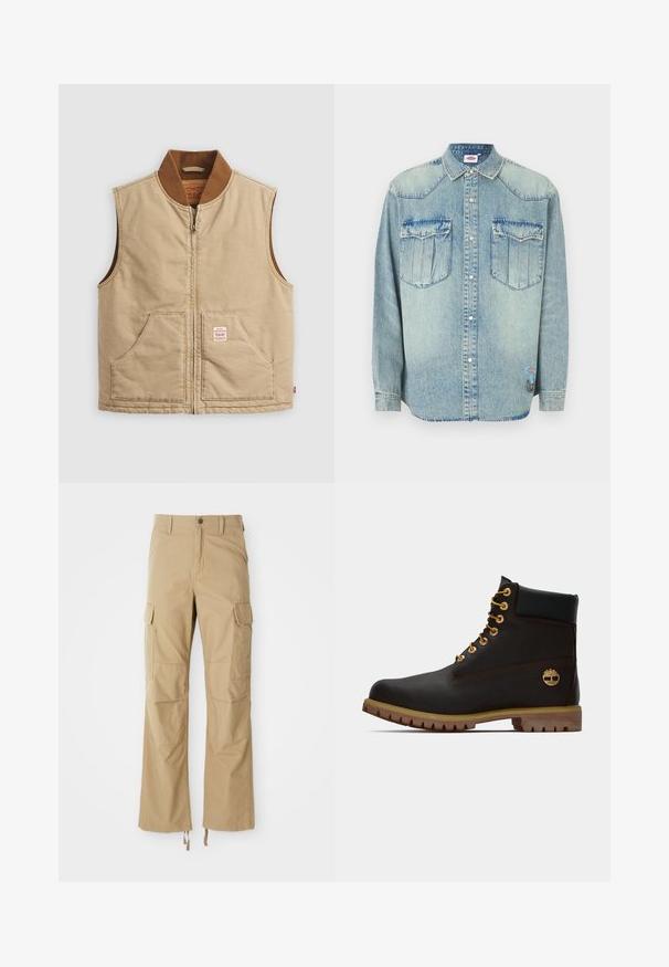 Beige ärmellose Zip-Weste mit braunem Rippkragen und zwei Fronttaschen, mit einem kleinen Patch-Label auf der rechten Tasche.; Hellblaues Jeanshemd mit langen Ärmeln, Druckknopfverschluss, spitzem Kragen, zwei Brusttaschen und Markenpatch auf der unteren Seite.; Khakifarbene Cargo-Hosen aus strapazierfähigem Material, mit mehreren Seitentaschen, geradem Bein-Design und verstellbaren Kordeln am Saum.; Schwarze Leder-Ankle-Boots mit goldenen Ösen, braunen Akzenten und einer Gummisohle. Verfügt über einen gepolsterten Schaft und ein geprägtes Logo an der Seite.