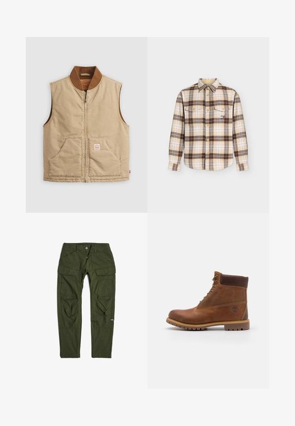 Beige ärmellose Zip-Weste mit braunem Rippkragen und zwei Fronttaschen, mit einem kleinen Patch-Label auf der rechten Tasche.; Beiges und braunes kariertes Langarmhemd mit Knöpfen, zwei Brusttaschen und einem kleinen rechteckigen Logo auf der linken Tasche.; G-STAR CARGO 3D REGULAR TAPERED PANTS - Cargohose - dk bronze green; Braune Lederwanderschuhe mit glatter Oberfläche, gepolstertem Knöchel, Metallösen und einer Gummisohle mit robustem Profil.