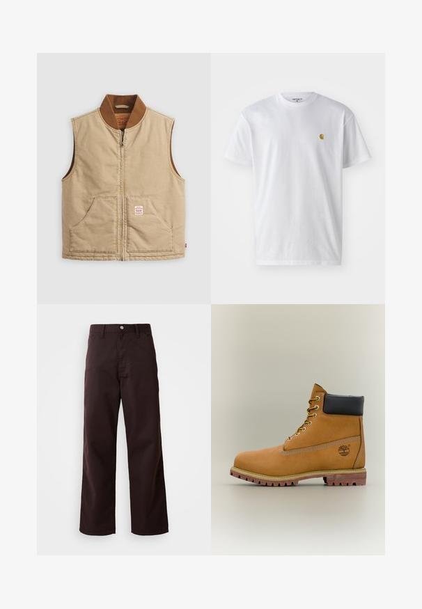 Beige ärmellose Zip-Weste mit braunem Rippkragen und zwei Fronttaschen, mit einem kleinen Patch-Label auf der rechten Tasche.; Weißes Baumwoll-T-Shirt mit kurzen Ärmeln, Rundhalsausschnitt, mit einem kleinen goldenen Logo im linken Brustbereich. Weicher Stoff und normale Passform.; Dunkelbraune weit geschnittene Hose aus robustem Baumwollstoff, mit einem vorderen Knopfverschluss und zwei Seitentaschen. Glatte Textur, klassisches Design.; Brauner Leder-Stiefelette mit schwarzem Kragen, gelben Schnürsenkeln und hellbrauner Sohle. Verfügt über ein Logo und weiße Ziernähe. Robuste Profilsohle.