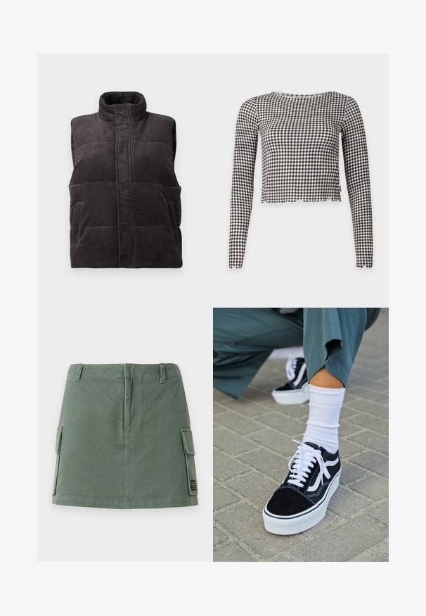 Donkergrijze corduroy gewatteerde mouwloze vest met hoge kraag en voorzakken, weergegeven op een witte achtergrond.; Zwart-wit geruit cropped top met lange mouwen, een ronde halslijn en gerafelde randen aan de mouwen en zoom tegen een effen achtergrond.; Groene denim rok met een aansluitende tailleband, twee zijzakken en een patch aan de onderzijde rechts. Soepele textuur met een subtiele glans.; Zwarte suède sneaker met witte accenten en veters, uitgerust met een dikke witte zool en contrasterende stiksels, gecombineerd met een witte sok.