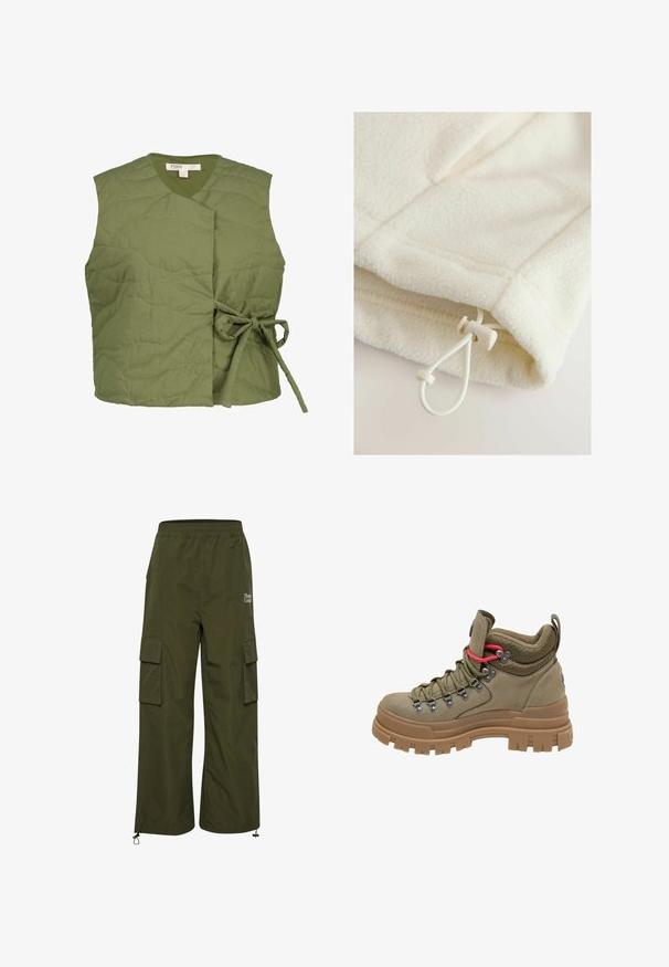 Olivengrøn quiltet vest med en indpakningsdesign, der har en båndlukning på siden. Glat tekstur med subtile bølgestingsdetaljer.; Fleece-tøj i off-white med en blød tekstur, der har en toggle og snor til justering nederst.; TheJoggConcept JCFIA - Cargobukser - rifle green; Vandre støvle med højt skaft i olivengrøn med tyk brun gummisål, mesh-polstret krave, metaløjer og rød accent snøreløkke.