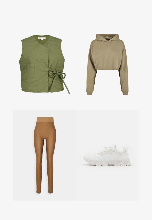 Olivengrøn quiltet vest med en indpakningsdesign, der har en båndlukning på siden. Glat tekstur med subtile bølgestingsdetaljer.; Kort hættetrøje i lys khaki, lavet af blødt stof. Har en bred hætte, lange ærmer og ribbede manchetter. Glat tekstur og minimal dekoration.; Even&Odd active Tights - brown; NA-KD CONTRAST SOLE TREKKING - Sneakers - white