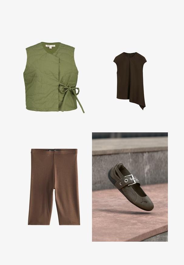 Olivengrøn quiltet vest med en indpakningsdesign, der har en båndlukning på siden. Glat tekstur med subtile bølgestingsdetaljer.; Mørkebrun top med korte ærmer, rund halsudskæring og asymmetrisk kant, længere på den ene side.; Brune cykelshorts i bomuldsblanding med en sømløs talje, glat tekstur og knælangt snit for komfort og fleksibilitet.; Olivengrøn flad sko med sort sål, dekorativ syning og en stor sølvspænde, der flyder over en stens overflade.