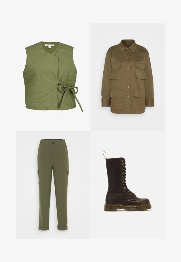 Olivengrøn quiltet vest med en indpakningsdesign, der har en båndlukning på siden. Glat tekstur med subtile bølgestingsdetaljer.; Gina Tricot CARGO SHIRT - Skjortebluser - khaki green; Olivengrønne cargo bukser lavet af et glat stof med tapered ben, to sidelommer og en knaplukning i taljen.; Høj mørkebrun læder snørestøvle med gule syninger, tyk rillede sål og trækstrop bagpå.