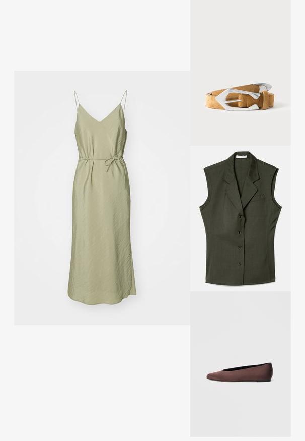 Gilet sans manches de couleur vert foncé, au design ajusté, avec un col cranté, cinq boutons sur le devant et une poche poitrine avec un détail de logo.; Robe en satin vert olive clair avec des bretelles spaghetti, décolleté en V, taille cintrée et jupe fluide à longueur de cheville avec une finition texturée.; Ballerines en tissu marron avec un bout pointu et une texture lisse, dotées d'un talon bas et d'une fine semelle noire. Aucune motif ni élément métallique visible.; Ceinture en daim marron clair avec une grande boucle en métal argenté pointue, enroulée sur un fond blanc uni.
