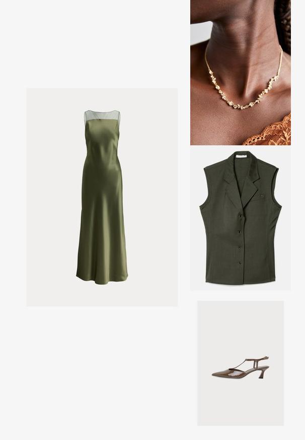 Gilet sans manches de couleur vert foncé, au design ajusté, avec un col cranté, cinq boutons sur le devant et une poche poitrine avec un détail de logo.; Robe en satin vert olive avec une silhouette ajustée, un col carré et des accents en maille transparente aux épaules. Longueur au sol.; Escarpin slingback en cuir verni marron avec bout pointu, bride en T, petit talon courbé et boucle à la cheville sur fond uni.; Collier en or avec un design floral, ornée de petites pierres précieuses transparentes, chaîne délicate et finition polie, porté autour du cou.