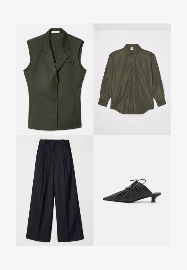 Gilet sans manches de couleur vert foncé, au design ajusté, avec un col cranté, cinq boutons sur le devant et une poche poitrine avec un détail de logo.; Chemise à manches longues de couleur vert olive foncé en tissu brillant, avec un boutonnage à l'avant, un col pointu et une poche sur la poitrine.; Pantalons noirs à jambes larges en tissu lisse, dotés d'une taille haute, de plis et d'une coupe ajustée. Quincaillerie noire simple à la taille.; Mules noirs en cuir à enfiler avec un bout pointu, une texture froncée et un petit talon aiguille. Présente un détail à cordon au niveau de l'ouverture.