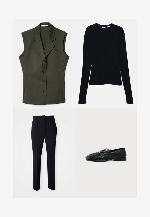 Gilet sans manches de couleur vert foncé, au design ajusté, avec un col cranté, cinq boutons sur le devant et une poche poitrine avec un détail de logo.; Haut noir à manches longues en tissu doux, avec un col rond et une coupe décontractée, doté de fentes sur les côtés à l'ourlet pour faciliter les mouvements.; Pantalons noirs ajustés avec une coupe droite, fabriqués dans un tissu lisse, dotés d'un devant plat et de poches sur les côtés pour plus de fonctionnalité.; Mocassin en cuir noir à bout pointu, détail frangé, ornements de perles et anneaux dorés sur un fond uni.