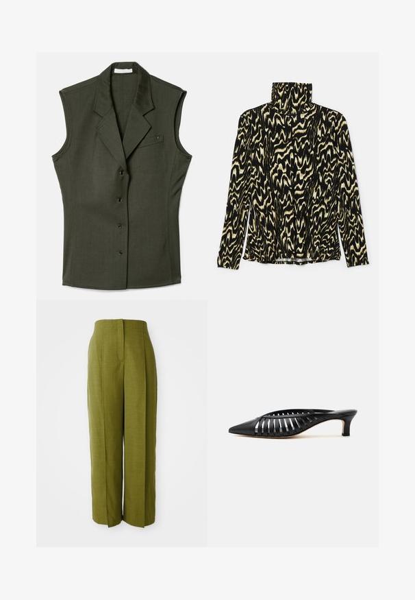 Gilet sans manches de couleur vert foncé, au design ajusté, avec un col cranté, cinq boutons sur le devant et une poche poitrine avec un détail de logo.; Haut à manches longues noir et crème à motif, avec un col haut, fabriqué dans un tissu lisse et extensible présentant un design abstrait ondulé.; Theory Pantalon classique - avocado; Mule en cuir noir avec bout pointu, design découpé à brides et petit talon kitten sur fond blanc.