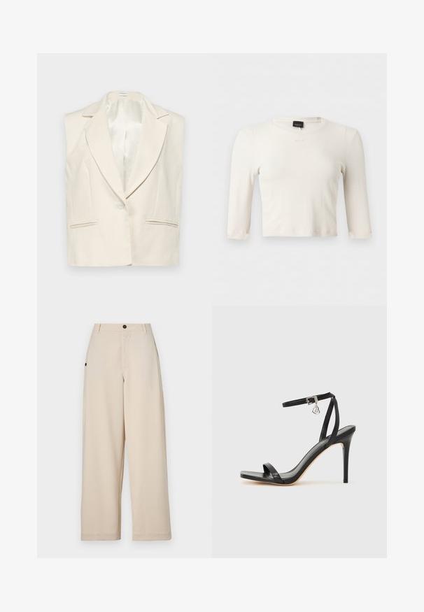 Ærmeløs blazer i linen i creme med spidse klapper, enkelt knaplukning og to forlommer. Glat satinforing indeni.; Hvid ribstrikket langærmet crop top til kvinder med rund halsudskæring og lille broderet brandlogo på brystet.; Beige bukser med vid ben, lavet af blødt stof, med en frontknaplukning, sidelommer og en afslappet pasform.; Sort hæl-sandal med smal ankrem, firkantet tå-boks, glat lædermateriale og metalspænde som pynt.