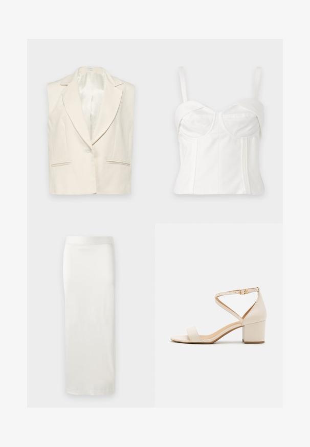 Ærmeløs blazer i linen i creme med spidse klapper, enkelt knaplukning og to forlommer. Glat satinforing indeni.; Hvid cropped bralette med justerbare stropper, blødt stof, struktureret krop, buet halsudskæring og sidesømme for definition.; Hvid, knælang nederdel lavet af glat, letvægtsstof med et lige snit og en enkel, elastisk talje.; Beige blokhælede sandaler med et minimalistisk design, åben tå og justerbar ankelrem med en guldbelsningsdetalje. Glat tekstur.
