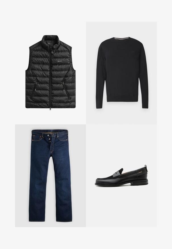 Sort polstret vest med høj krave, lynlås foran og to sidelommer. Har vandret quiltning og et logo på brystet.; Sort langærmet rundhalset sweater med subtilt "BOSS"-logo på brystet, ribstrikkede ærmeafslutninger og kant, vist på hvid baggrund.; Mørkeblå denimjeans med lige ben, fem lommer og gyldne syninger. Har knaplukning og kobbernitter. Glat tekstur.; Sort læderloafer med grå remdetalje, lav hæl og tekstureret sål, mærket med "HUGO" i guld på siden.