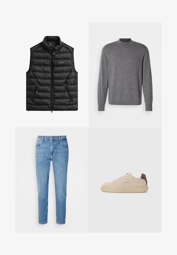 Zwart gewatteerd vest met hoge kraag, ritssluiting aan de voorkant en twee zijzakken. Heeft horizontale stiksels en een logo op de borst.; Grijze lange mouw sweater gemaakt van gebreid materiaal, met een opstaande kraag en een subtiele logo op de borst. Gladde textuur en aansluitend ontwerp.; Lichtblauwe denim jeans met een rechte pasvorm, vijf zakken en subtiele vervaging. Voorzien van een knoopsluiting en riemlussen.; Beige suède sneakers met een ronde neus, vetersluiting aan de voorkant en een bruine suède accent op de hiel. Beschikt over een gestructureerde rubberen zool.