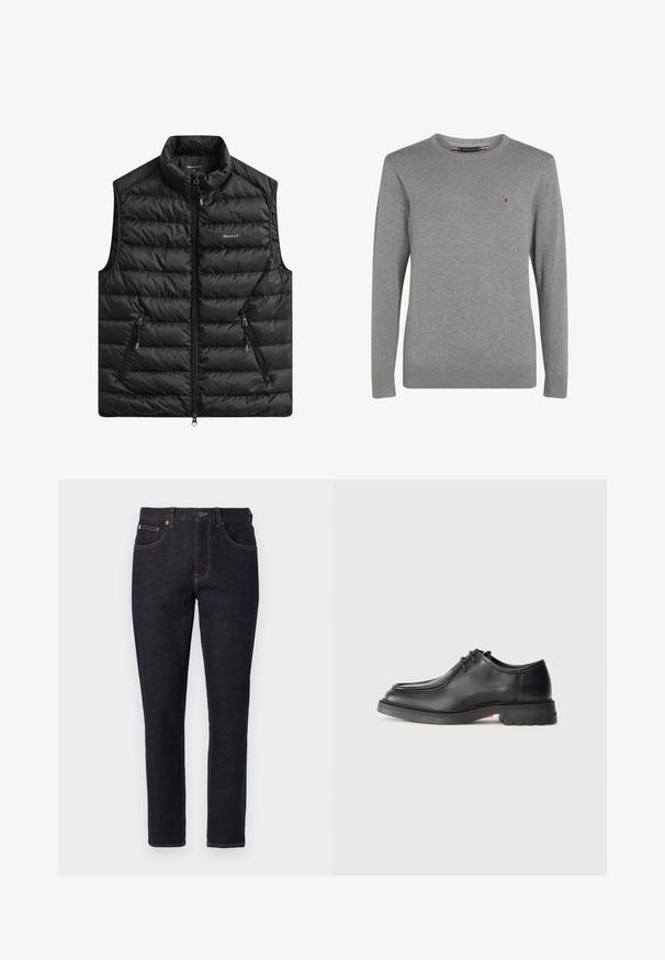 Sort polstret vest med høj krave, lynlås foran og to sidelommer. Har vandret quiltning og et logo på brystet.; Grå crewneck sweater lavet af blødt stof, med lange ærmer, ribstrikkede manchetter og kant, samt et lille broderet logo på brystet.; Mørkeblå slim-fit denim jeans med forlommer, bælteløkker og orange syninger på en ensfarvet baggrund.; Sorte lædersko med glat tekstur, rund tå og lav, præget syning. Tykk gummisål med let hæl og skridsikker mønster.