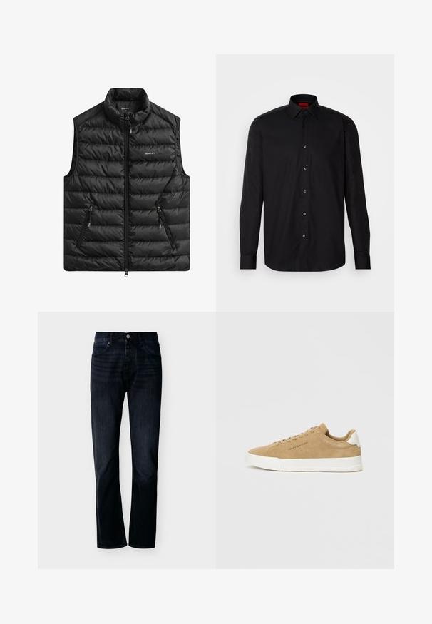 Zwart gewatteerd vest met hoge kraag, ritssluiting aan de voorkant en twee zijzakken. Heeft horizontale stiksels en een logo op de borst.; Zwarte longsleeve shirt van gladde stof, met een klassieke kraag, knoopsluiting aan de voorkant en een getailleerde pasvorm.; Donker indigo recht gesneden spijkerbroek met knoop- en ritssluiting aan de voorkant, riemlussen en een ontwerp met vijf zakken, weergegeven tegen een eenvoudige lichte achtergrond.; Beige suède sneakers met een witte rubberen zool, ronde neus, platte veters en een subtiel logo op de zijkant. Soepele textuur en minimalistisch ontwerp.