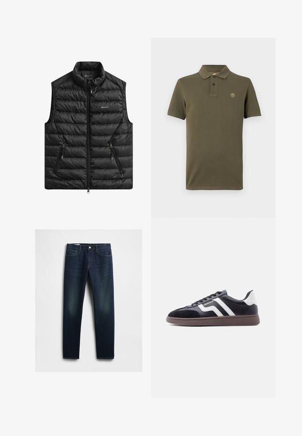 Zwart gewatteerd vest met hoge kraag, ritssluiting aan de voorkant en twee zijzakken. Heeft horizontale stiksels en een logo op de borst.; Olijfgroene poloshirt van katoen, met een kraag, een placket met twee knopen en een klein geborduurd logo op de borst. Korte mouwen.; Donkerblauwe spijkerbroek met een rechte pasvorm, voorzien van vijf zakken, een knoopsluiting en subtiele vervaging op de bovenbenen. Klassieke stikseldetails.; Zwarte sneakers van suède en synthetisch materiaal, met witte diagonale strepen en een bruine textuurzool. Voorzien van een veterontwerp en een gevoerde kraag.