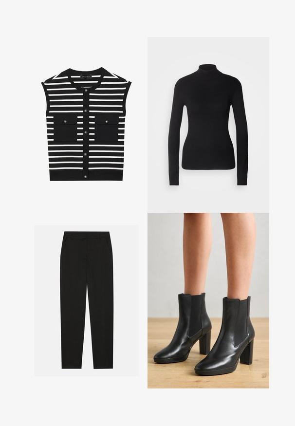 Mustvalge triibuline ilma varrukateta tops ümmarguse kaelusega, esise nupukinnitusega ja kahe lipspocket'iga, millel on klõpsnuppud.; Mustem turtleneck-sviiter, mis on valmistatud kerge kudumiskangast. Omab pikki varrukaid, slim-fit lõiget ja pehmet soonikut.; Mustad püksid, millel on kohandatud disain, küljetaskud ja sirge sääreosa. Valmistatud sileda, kerge kangaga, millel on peen viimistlus.; Must have mustelaste nahast pahkluu saapad, millel on plokknik, elastsed külgpaneelid, sile tekstuur ja stiilne siluett.