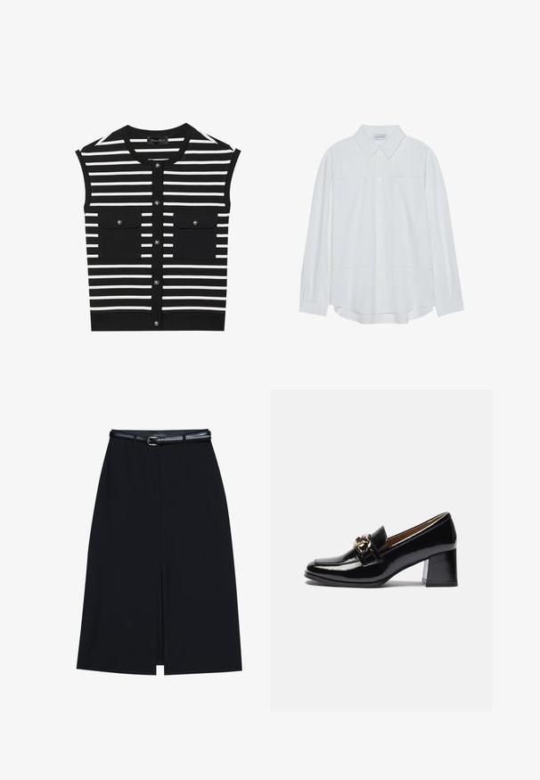 Haut sans manches à rayures noires et blanches avec un col rond, fermeture à boutons sur le devant et deux poches plaquées avec boutons-pression.; Chemise blanche à manches longues avec boutons, en tissu lisse, dotée d'un col classique, de deux poches avant et de poignets froncés.; Jupe noire à mi-cuisse avec une fente frontale, fabriquée en tissu lisse. Comprend une fine ceinture noire avec une boucle en argent et des passants.; Mocassins à talons en cuir verni noir avec un bout arrondi, un talon plus épais et un accent en métal doré sur la sangle avant.