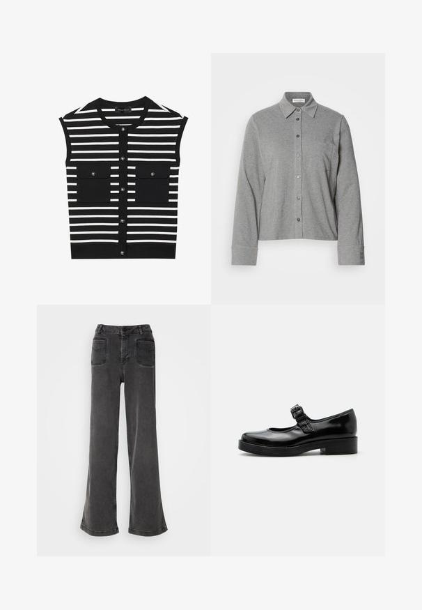 Haut sans manches à rayures noires et blanches avec un col rond, fermeture à boutons sur le devant et deux poches plaquées avec boutons-pression.; Chemise grise à boutons en tissu doux, avec un col, des manches longues, une poche poitrine et un poignet boutonné avec un détail de logo.; Jean noir taille haute à jambes larges en denim, avec une fermeture à bouton, des passants de ceinture et deux poches arrière avec des accents cousus.; Chaussure Mary Jane en cuir verni noir avec bout rond, petit talon bloc et bride réglable avec boucle sur le coup de pied.