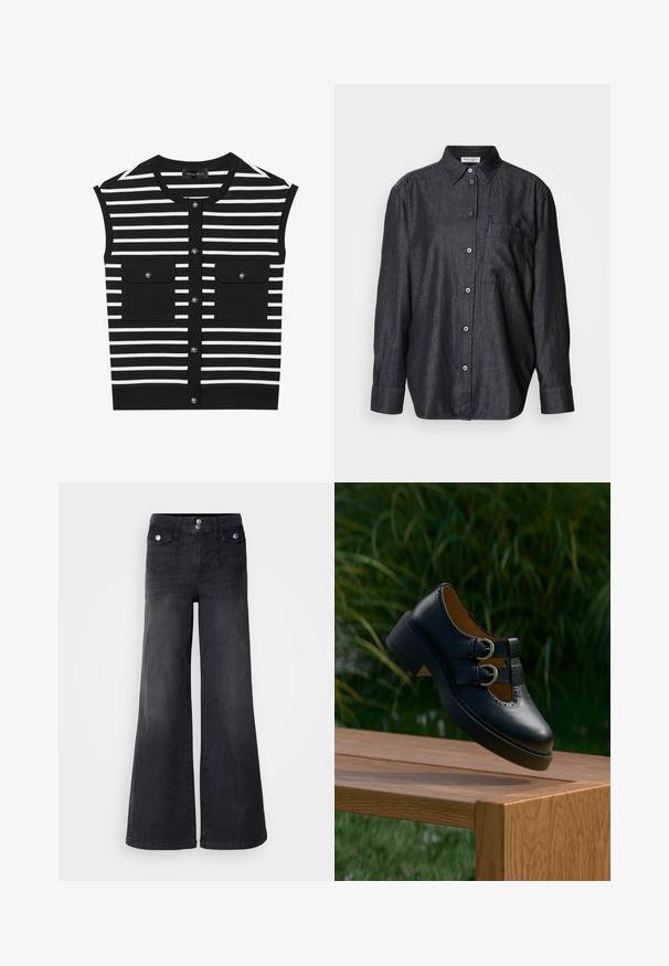 Zwart-witte gestreepte mouwloze top met een ronde halslijn, sluiting met knopen aan de voorkant en twee opgestikte zakken met drukknoopsluitingen.; Donkergrijs shirt met lange mouwen, gemaakt van lichtgewicht stof, met een knoopsluiting, kraag en een enkel borstzakje.; Zwarte denim wijd uitlopende jeans met een hoge taille, voorste knopen en twee voorzakken; soepele textuur met een lichte vervaging.; Zwarte leren schoen met dubbele gesp en geperforeerde details die boven een houten bankje buiten zweeft met groen gras en planten op de achtergrond.