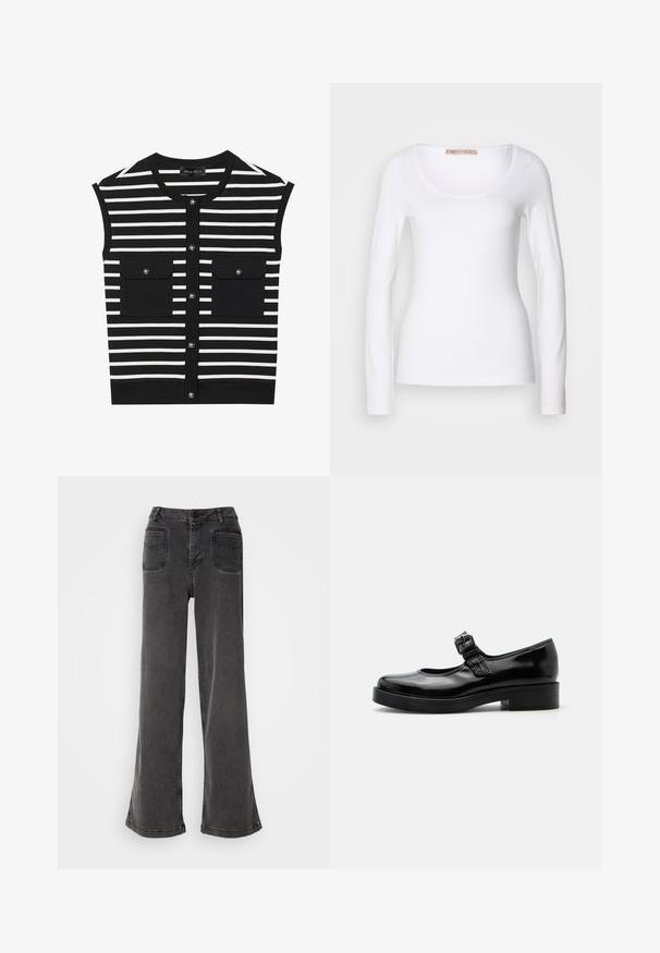 Haut sans manches à rayures noires et blanches avec un col rond, fermeture à boutons sur le devant et deux poches plaquées avec boutons-pression.; T-shirt en coton blanc à manches longues, avec un col rond et une coupe ajustée, au toucher doux et sans ornement.; Jean noir taille haute à jambes larges en denim, avec une fermeture à bouton, des passants de ceinture et deux poches arrière avec des accents cousus.; Chaussure Mary Jane en cuir verni noir avec bout rond, petit talon bloc et bride réglable avec boucle sur le coup de pied.