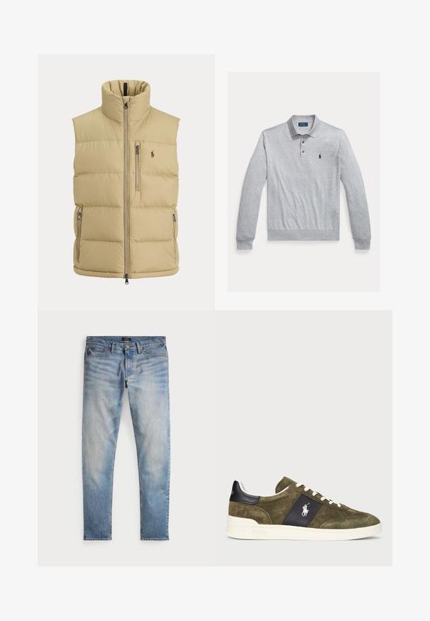 Beige Steppweste mit hohem Kragen, Frontreißverschluss, einer Brusttasche mit Reißverschluss, zwei seitlichen Reißverschlusstaschen und kleinem gesticktem Logo auf der Brust.; Graues Langarm-Poloshirt aus Baumwolle mit einer Knopfleiste mit drei Knöpfen, gerippten Bündchen und einem kleinen marineblauen Logo auf der linken Brust.; Helle blaue Denim-Jeans mit einem ausgewaschenen Finish, Fünf-Taschen-Design und kontrastierenden Nähten. Mit Reißverschluss und Gürtelschlaufen. Gerade geschnitten.; Olivgrüne Wildleder-Sneaker mit einem navyblauen Akzentpanel, weißen Schnürsenkeln und einem Logo. Sie verfügen über eine strukturierte Oberfläche und eine weiße Gummisohle.