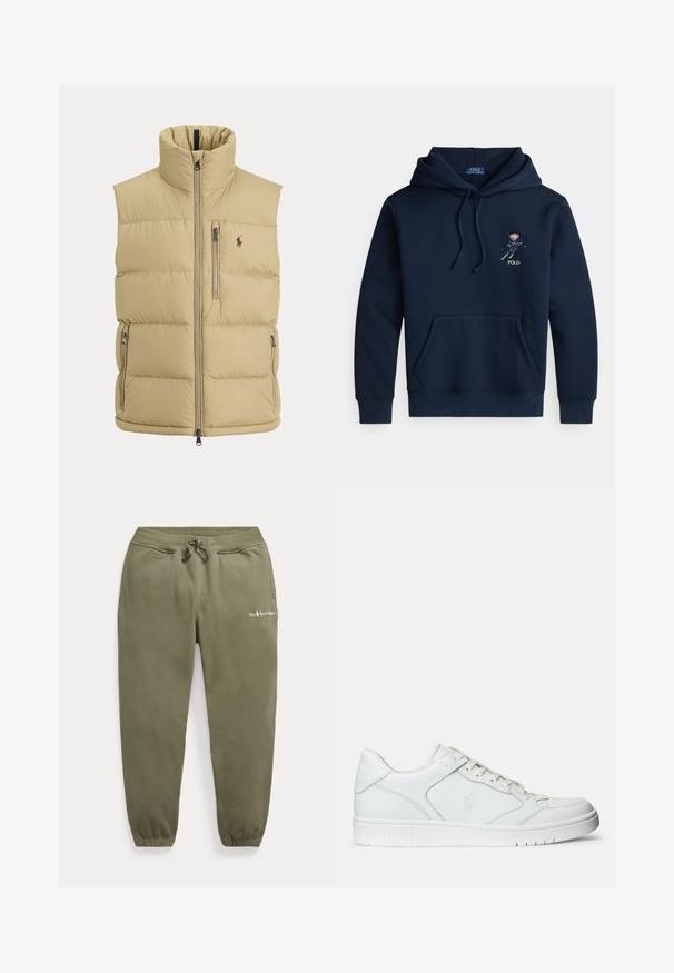 Beige gewatteerd vest met hoge kraag, ritssluiting aan de voorkant, één borstzak met rits, twee zijritszakken en klein geborduurd logo op de borst.; Donkerblauwe hoodie met voorkantzak, trekkoorden, een kleine geborduurde skisprongafbeelding en de tekst "POLO" op de borst.; Olijfgroene joggingbroek met elastische taille en boorden, trekkoord, zijzakken en klein Polo Ralph Lauren-logo op de linker dij.; Witte leren sneaker met een gladde textuur, voorzien van een geperforeerde neus, vetersluiting en geborduurde logo aan de zijkant. Witte rubberen zool.