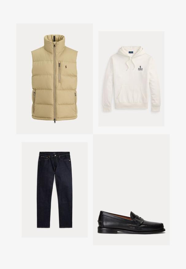 Beež padi-vest, kõrge kraega, esikinnisega, ühe rinnatasku tõmblukuga, kahe küljetasku tõmblukuga ja väikese tikitud logoga rinnal.; Valge Polo Ralph Laureni dressipluus esiküljel kängurutasku, kapuuts kinnitusnööriga ning rinnal tehisväel ja ratsanikuga tumesinise logo tekst.; Tumedad indigotooni sirge lõikega teksapüksid viie tasku, nööbi- ja tõmblukuga ning kontrastse oranži õmblusega ühevärvilisel taustal.; Mustast nahast loafer madala kontsa ja penny rihma detailiga, näidatud küljelt helehallil taustal.