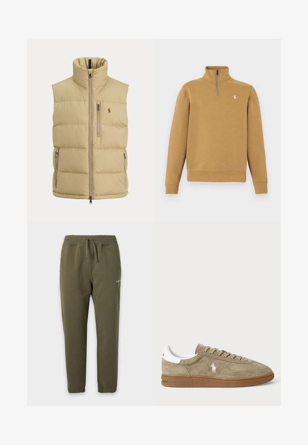 Beige dunvest med høj krave, lynlås foran, en brystlomme med lynlås, to sidelommer med lynlås og lille broderet logo på brystet.; Beige longærmet pullover med kvart lynlås og lille hvid Polo Ralph Lauren-logo på venstre bryst.; Joggingbukser i olivengrøn med elastik i taljen og ved anklerne, snøre og lille hvidt logo på øvre lår.; Suedesneakers i tan med hvide detaljer, rund tå og snørebåndsdesign. Har præget logo og gummisål for bedre greb.