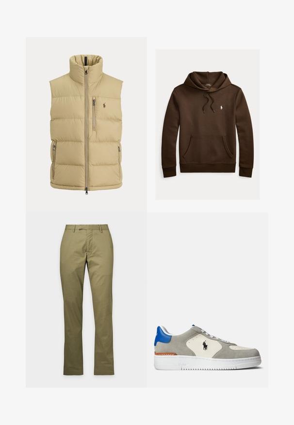 Beige Steppweste mit hohem Kragen, Frontreißverschluss, einer Brusttasche mit Reißverschluss, zwei seitlichen Reißverschlusstaschen und kleinem gesticktem Logo auf der Brust.; Brauner Hoodie mit Fronttasche, Kordelzug an der Kapuze und kleinem weißen Polo Ralph Lauren-Logo auf der linken Brust.; Gerade geschnittene Khakihose mit Gürtelschlaufen, Frontreißverschluss und klassischen Taschen, vor neutralem Hintergrund dargestellt.; Graue Wildleder- und weiße Leder-Sneaker mit blauen Akzenten, ausgestattet mit einem Logo, weißen Schnürsenkeln und einer strukturierten Gummisohle.