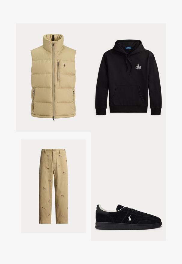 Beige Steppweste mit hohem Kragen, Frontreißverschluss, einer Brusttasche mit Reißverschluss, zwei seitlichen Reißverschlusstaschen und kleinem gesticktem Logo auf der Brust.; Schwarzer Hoodie mit Fronttasche und Kordelzugkapuze mit weißem Polo Ralph Lauren-Logo auf der Brust.; Beige Cordhosen aus Cord mit bestickten Hundemotiven, geradem Beinschnitt und Fünf-Taschen-Design mit vorderem Knopfverschluss.; Schwarzer Sneaker mit niedrigem Schnitt, schwarzen Schnürsenkeln, weißem Innenfutter und weißem Polo Ralph Lauren-Logo an der Seite und an der Ferse.