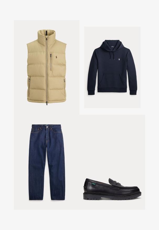 Beige Steppweste mit hohem Kragen, Frontreißverschluss, einer Brusttasche mit Reißverschluss, zwei seitlichen Reißverschlusstaschen und kleinem gesticktem Logo auf der Brust.; Dunkel marineblauer Kapuzenpullover mit vorderer Kängurutasche, Kapuzenkordel, langen Ärmeln und kleinem weißen Polo Ralph Lauren Logo auf der Brust.; Dunkelblaue Jeans aus Denim mit geraden Beinen, fünf Taschen, Knopfverschluss und sichtbaren Nähten.; Schwarzer Lederloafer mit dicker Profilsohle und kleinem grünen "Polo"-Etikett an der Außenseite nahe der Ferse.