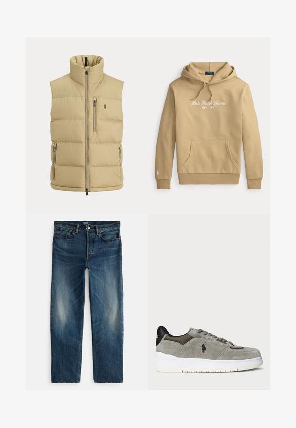 Beige dunvest med høj krave, lynlås foran, en brystlomme med lynlås, to sidelommer med lynlås og lille broderet logo på brystet.; Beige Polo Ralph Lauren hættetrøje med frontlomme, snor til hætte og hvidt broderet logo på bryst og ærme.; Indigo blå denimjeans med straight-leg design, fem-lomme stil og subtil falmning på lårene. Metallknap og lynlås lukning.; Grå ruskinds sneaker med en struktureret overdel, kontrastfyldt sort hæl, hvid sål og broderet logo. Snørebåndsdesign med seks snørehuller.
