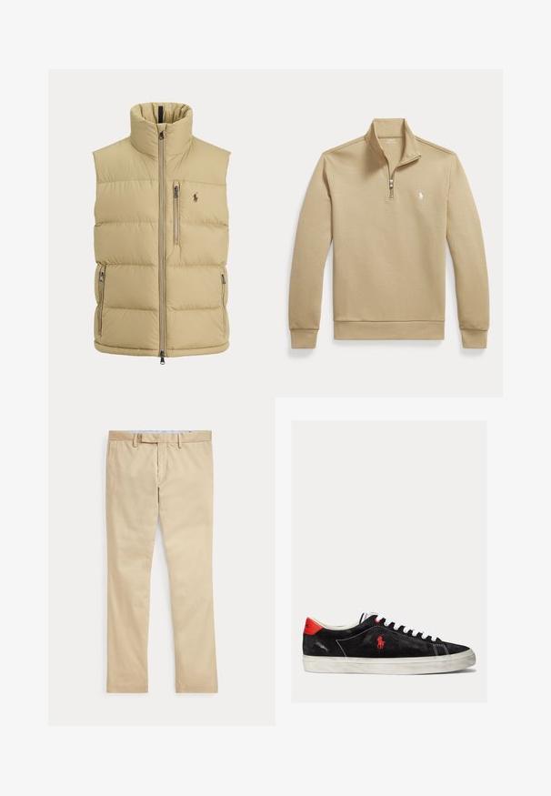 Beige gewatteerd vest met hoge kraag, ritssluiting aan de voorkant, één borstzak met rits, twee zijritszakken en klein geborduurd logo op de borst.; Beige trui met lange mouwen en een kwart ritssluiting, met opstaande kraag en klein wit polo-spelerlogo op de linkerborst.; Beige broek met rechte pijpen, ceintuurlussen en een voorrits, plat gelegd tegen een witte achtergrond.; Zwarte suede sneakers met witte veters, rode accenten op de hak en een klein rood logo. Beschikt over een platte rubberen zool en eenvoudige stiksels.