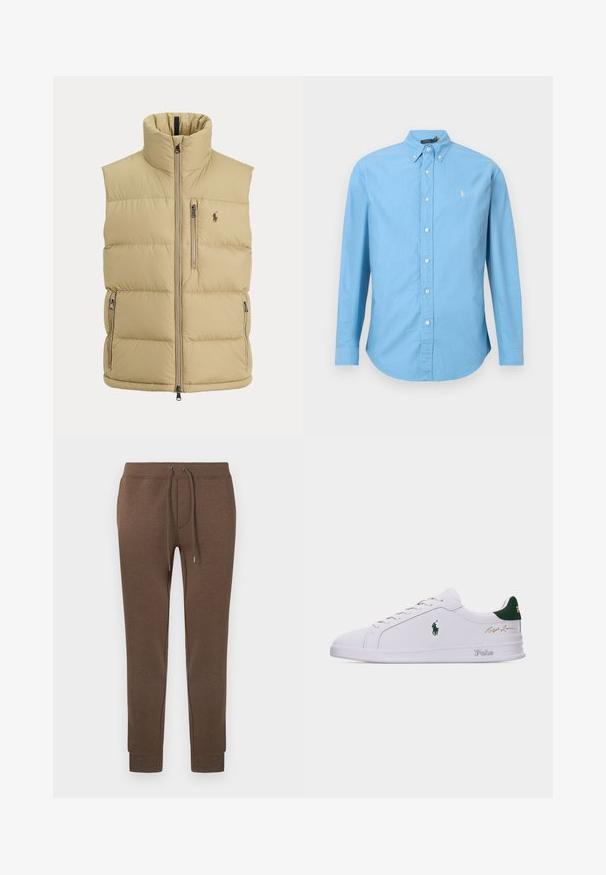 Chaleco acolchado beige con cuello alto, cremallera frontal, un bolsillo con cremallera en el pecho, dos bolsillos laterales con cremallera y pequeño logo bordado en el pecho.; Camisa de botón de manga larga azul claro. Tejido de algodón, cuello de botón, cinco botones en la parte frontal, con un pequeño logo amarillo en el lado izquierdo del pecho.; Pantalones deportivos marrones de un material suave y elástico con cinturilla elástica, cordón y puños acanalados. Pequeño logo en la parte superior izquierda.; Zapatilla blanca de corte bajo con lengüeta trasera verde, logo bordado del caballo Polo en el lateral, texto "Polo" en la suela y firma dorada "Ralph Lauren" en la parte superior.