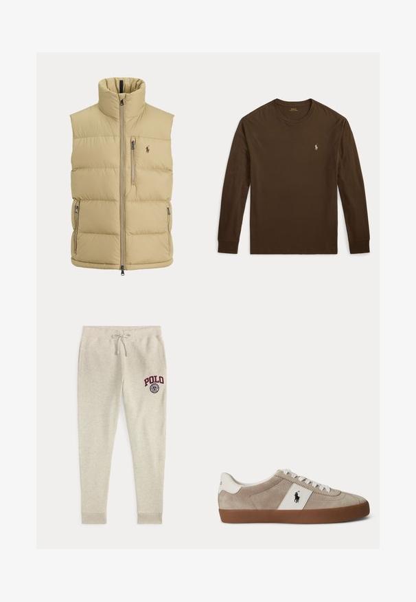 Chaleco acolchado beige con cuello alto, cremallera frontal, un bolsillo con cremallera en el pecho, dos bolsillos laterales con cremallera y pequeño logo bordado en el pecho.; Camiseta de manga larga marrón hecha de algodón. Cuenta con un cuello redondo y un pequeño logo dorado en el pecho izquierdo. Textura suave.; Pantalones deportivos beige con cordón, bolsillos laterales y logo y emblema rojo "POLO" en la parte superior del muslo izquierdo.; Zapatilla beige de ante con corte bajo, cordones blancos, detalle de piel blanca con logo de caballo negro y suela de goma marrón.