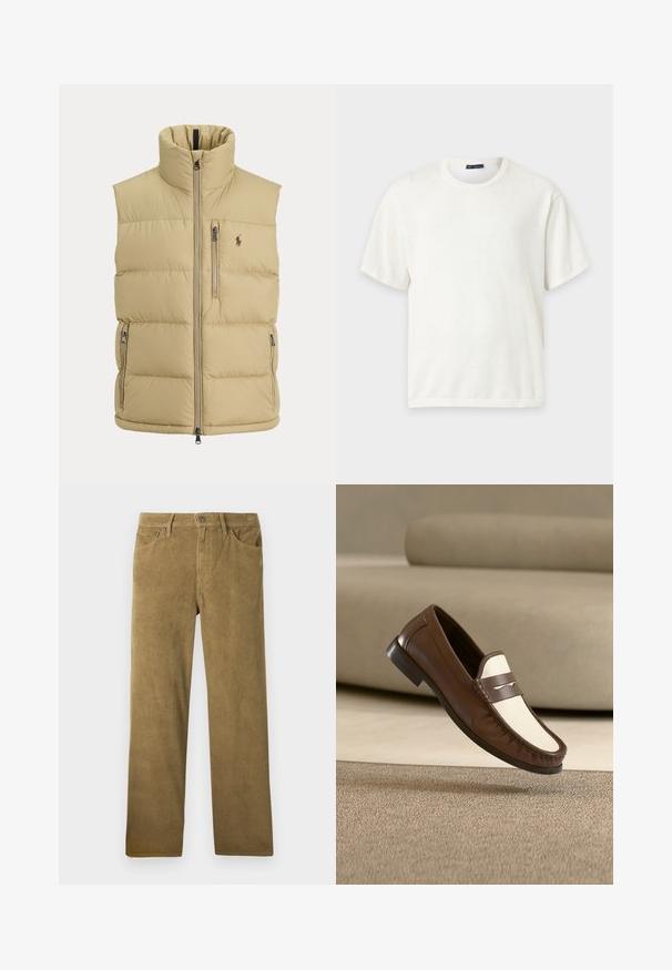 Beige Steppweste mit hohem Kragen, Frontreißverschluss, einer Brusttasche mit Reißverschluss, zwei seitlichen Reißverschlusstaschen und kleinem gesticktem Logo auf der Brust.; Weißer Pullover mit kurzen Ärmeln, Rundhalsausschnitt, geripptem Kragen und geradem Saum auf hellgrauem Hintergrund.; Kordhosen in Khakifarben mit geradem Schnitt, vertikaler Rippstruktur, Gürtelschlaufen und vorderen Taschen.; Brauner und weißer Ledermokassin, der über einem beigen Teppich schwebt, mit einem verschwommenen beigen Sofa im Hintergrund.