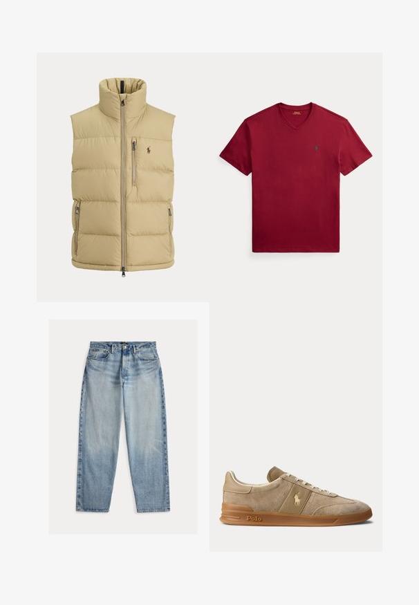 Beige dunvest med høj krave, lynlås foran, en brystlomme med lynlås, to sidelommer med lynlås og lille broderet logo på brystet.; Rød kortærmet T-shirt med V-udskæring og lille grønt Polo Ralph Lauren-logo på venstre bryst, lagt fladt på hvid baggrund.; Lyseblå denimjeans med løs pasform. Har høj talje, fem lommer og synlige syninger. Overfladen er let tekstureret.; Beige ruskind og læder lav-top sneaker med gummisål, hvide snørebånd og Polo-logo på siden og sålen.