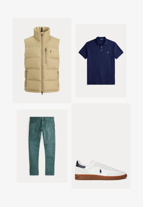 Chaleco acolchado beige con cuello alto, cremallera frontal, un bolsillo con cremallera en el pecho, dos bolsillos laterales con cremallera y pequeño logo bordado en el pecho.; Polo de manga corta azul marino con dos botones y logo Ralph Lauren bordado en blanco en el pecho izquierdo.; Jeans de algodón verde con un ajuste slim. Presenta dos bolsillos frontales, una cremallera y costuras en contraste. Textura suave, color uniforme.; Zapatilla blanca de corte bajo con suela marrón, parche negro en el talón, logo bordado de un jugador de polo y cordones blancos.