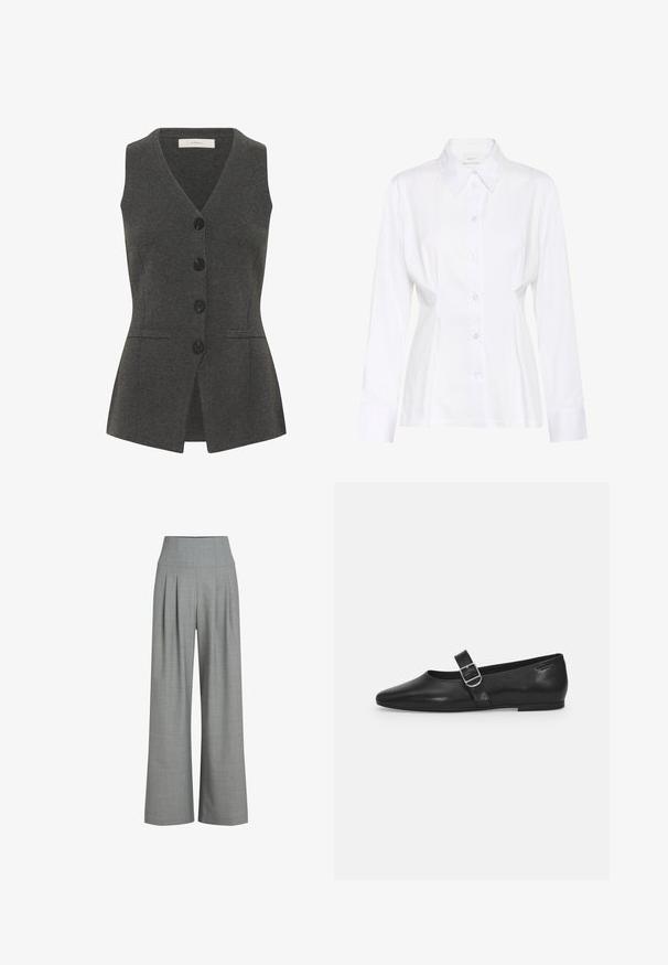 Gilet gris avec un col en V et sans manches, doté d'une fermeture à boutons, de poches latérales et d'une coupe cintrée. Fabriqué en tissu texturé.; Blouse blanche à manches longues avec col pointu, taille cintrée et étiquette de marque visible "Gestuz" à l'intérieur du col.; Pantalons larges plissés gris avec une taille haute, fabriqués à partir d'un tissu texturé, présentant une finition lisse et des lignes épurées.; Chaussure plate en cuir noir avec un bout arrondi, une seule sangle réglable à boucle et une texture lisse et brillante. Design minimaliste avec un petit talon.
