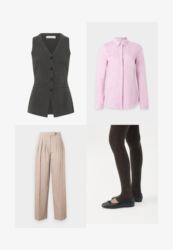 Chaleco gris con escote en V y diseño sin mangas, que cuenta con una parte delantera abotonada, bolsillos laterales y un ajuste entallado. Hecho de una tela texturizada.; Camisa rosa claro de manga larga con botones, cuello clásico, tapeta oculta y diseño ajustado sobre fondo liso.; Pantalones anchos de pierna en beige con pliegues, dos cierres metálicos en la cintura y una textura suave de algodón. No se ven bolsillos.; Piernas con leggings oscuros acanalados combinados con bailarinas negras que presentan pequeños detalles de lazo sobre un fondo blanco.