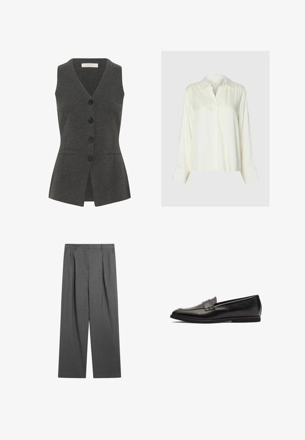 Gilet gris avec un col en V et sans manches, doté d'une fermeture à boutons, de poches latérales et d'une coupe cintrée. Fabriqué en tissu texturé.; Blouse blanche en satin à manches longues avec col classique et patte de boutonnage cachée, présentée sur un fond uni gris clair.; Pantalon large gris foncé à fines rayures avec passants de ceinture, plis à l'avant et fermeture à crochet et barrette.; Mocassin en cuir noir avec une finition lisse, un bout arrondi et des accents en double couture sur le dessus. Semelle en caoutchouc plate pour plus de confort.