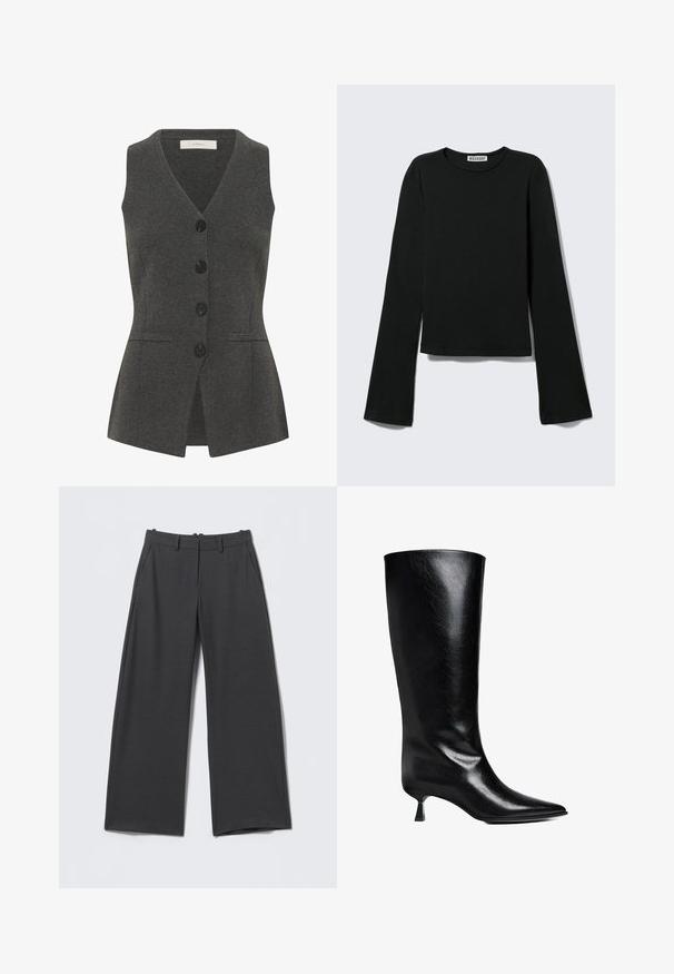 Gilet gris avec un col en V et sans manches, doté d'une fermeture à boutons, de poches latérales et d'une coupe cintrée. Fabriqué en tissu texturé.; T-shirt noir à manches longues avec col rond, silhouette ajustée et manches légèrement évasées, étiqueté avec la marque "Weekday" au niveau de l'encolure.; Pantalon gris foncé à jambes larges avec fines rayures verticales, passants de ceinture, poches latérales et fermeture éclair à l'avant.; Boot en cuir noir, montant jusqu'au genou, avec un bout pointu, une silhouette élancée et un talon carré bas, le tout avec une finition brillante.