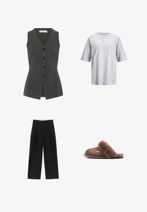 Chaleco gris con escote en V y diseño sin mangas, que cuenta con una parte delantera abotonada, bolsillos laterales y un ajuste entallado. Hecho de una tela texturizada.; Camiseta de manga corta color gris claro con un pequeño logo negro "JJXX" centrado en el pecho, con un corte relajado y cuello redondo.; Pantalones negros de pierna ancha con pliegues frontales, trabillas para cinturón y bolsillos laterales, diseñados para un ajuste entallado.; Zapatilla de ante marrón con forro y cuello de piel suave, suela de goma plana, puntera redondeada y detalle de marca en el lateral. Superficie texturizada.