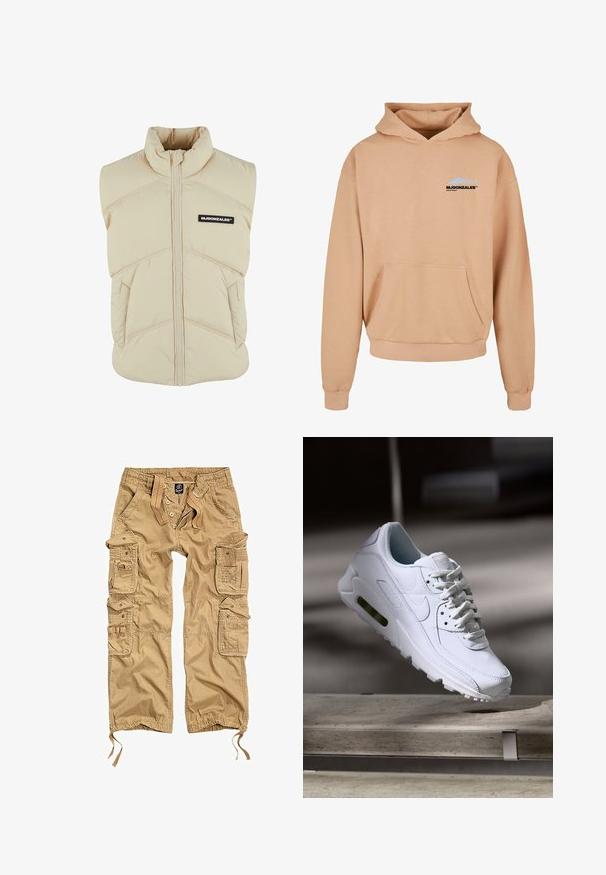 Beige polstret vest med høj krave, frontlynlås, skrå syninger og et sort logo-patch på venstre bryst. Blød, quiltet tekstur.; Peachfarvet hoodie med snøre i hætten, frontlomme, ribbede manchetter og kant. Har et sort og blåt logo centreret på brystet.; Khaki cargo bukser med flere sidelommer, knaplukning, elastisk talje og justerbare manchetter. Lavet af slidstærkt stof.; Hvide lædersneakers med teksturerede overflader, polstret krave og synlig luftpolstring i sålen. Har snørrebånd og et minimalistisk design.