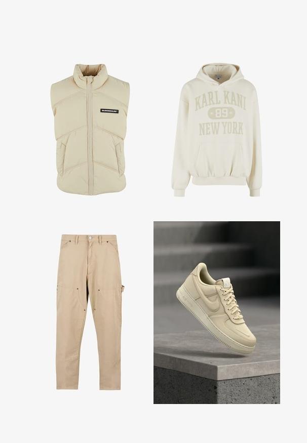 Chaleco acolchado beige con cuello alto, cremallera frontal, costuras diagonales y un parche negro en el pecho izquierdo. Textura suave y acolchada.; Sudadera con capucha color blanco hueso, con bolsillo frontal, puños y dobladillo acanalados, con el texto "KARL KANI 89 NEW YORK" en el frente.; Pantalones cargo beige de algodón. Presentan múltiples bolsillos, corte recto, y cierre de botón con detalles de herrajes metálicos.; Zapatilla Nike Air Force 1 beige flotando sobre un saliente de hormigón gris con un fondo de escaleras desenfocado.