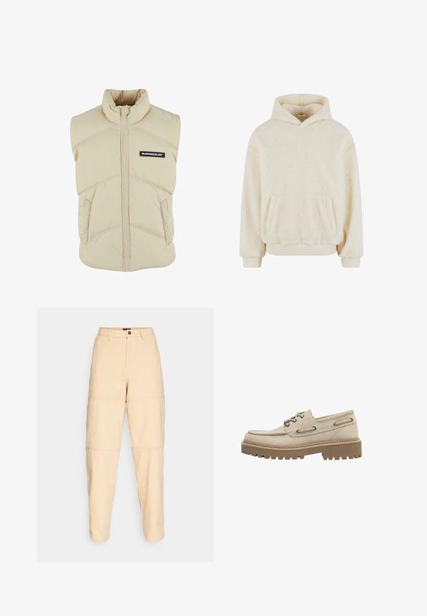 Beige polstret vest med høj krave, frontlynlås, skrå syninger og et sort logo-patch på venstre bryst. Blød, quiltet tekstur.; Hvid, dejlig fleece-hoodie med en lomme foran og hætte med snor. Blød tekstur med ribbede manchetter og kant.; Beige, høj talje bukser lavet af bomuld. Har lommer, knaplukning og markante panel sømme ved knæene. Lige ben-design.; Beige læder bådsko med snørebånd, tyk brun slidstærk sål med kraftigt mønster, mokasinsøm ved tåen, snøredetaljer på siden og metaløjer.